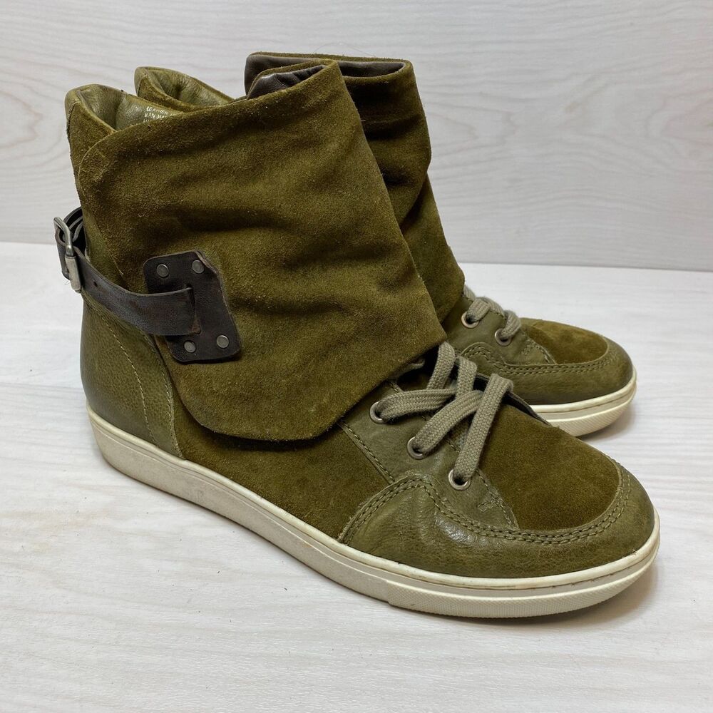 Miz Mooz Ankle Boots Women's Size 11 Olive Green Suede Leather Buckle Strap